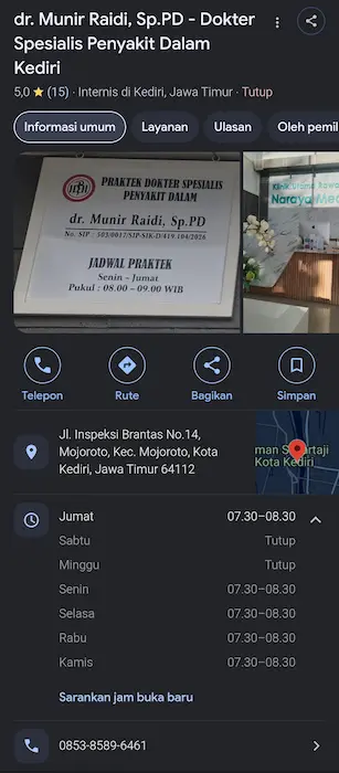 Klinik Dokter Spesialis Pengobatan Penyakit Asam Urat di Kediri - dr. Munir Raidi, Sp.PD gbp penyakit dalam klinik penyakit dalam kediri