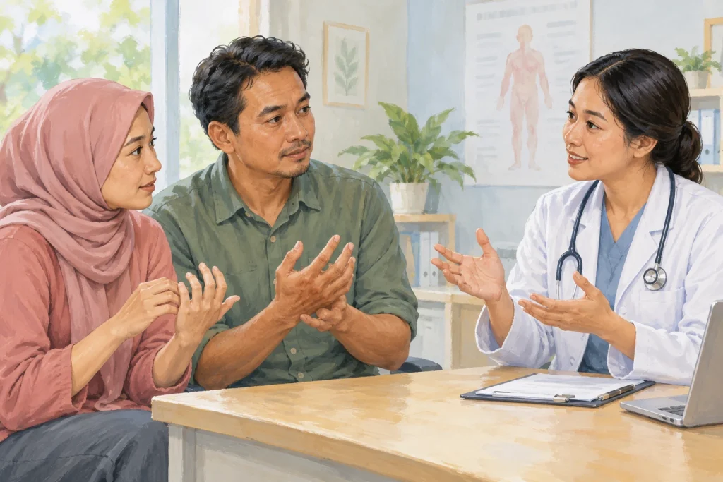 Ilustrasi keluarga berkonsultasi mengenai keluhan gatal yang berulang