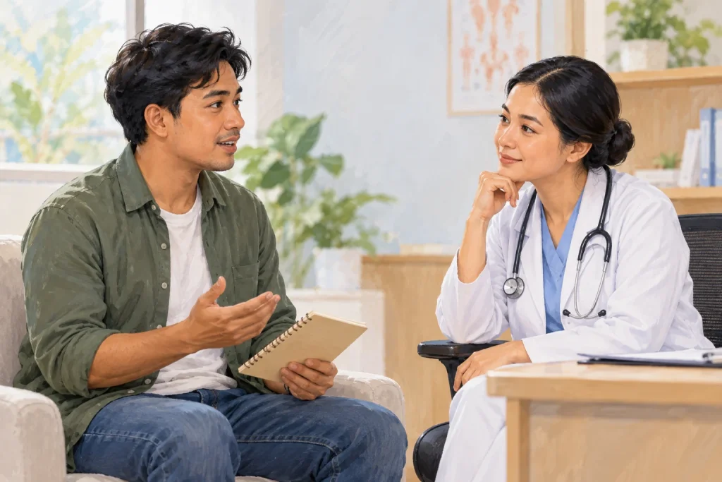 Ilustrasi pasien membahas kontrol setelah perawatan kulit dengan dokter