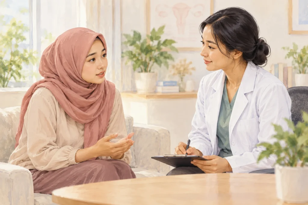 Ilustrasi konsultasi kesehatan reproduksi yang menjaga privasi pasien
