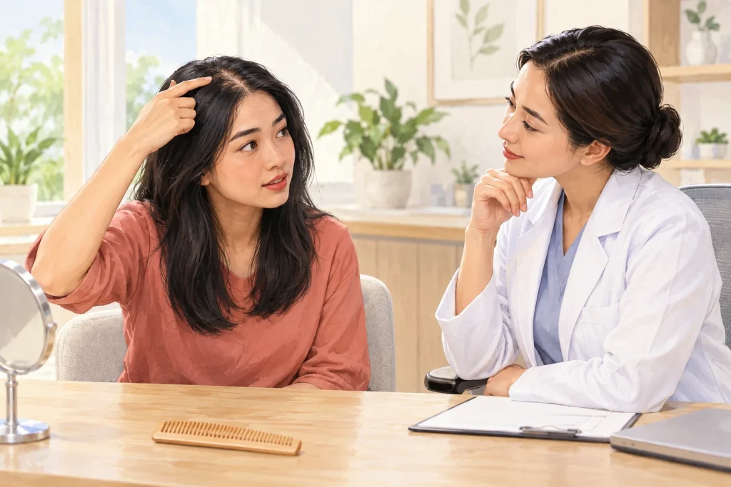 Ilustrasi pemeriksaan rambut dan kulit kepala oleh dokter
