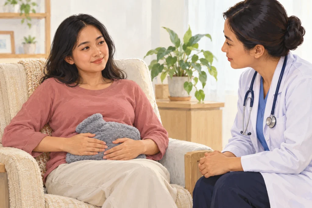 Ilustrasi konsultasi nyeri menstruasi bersama dokter