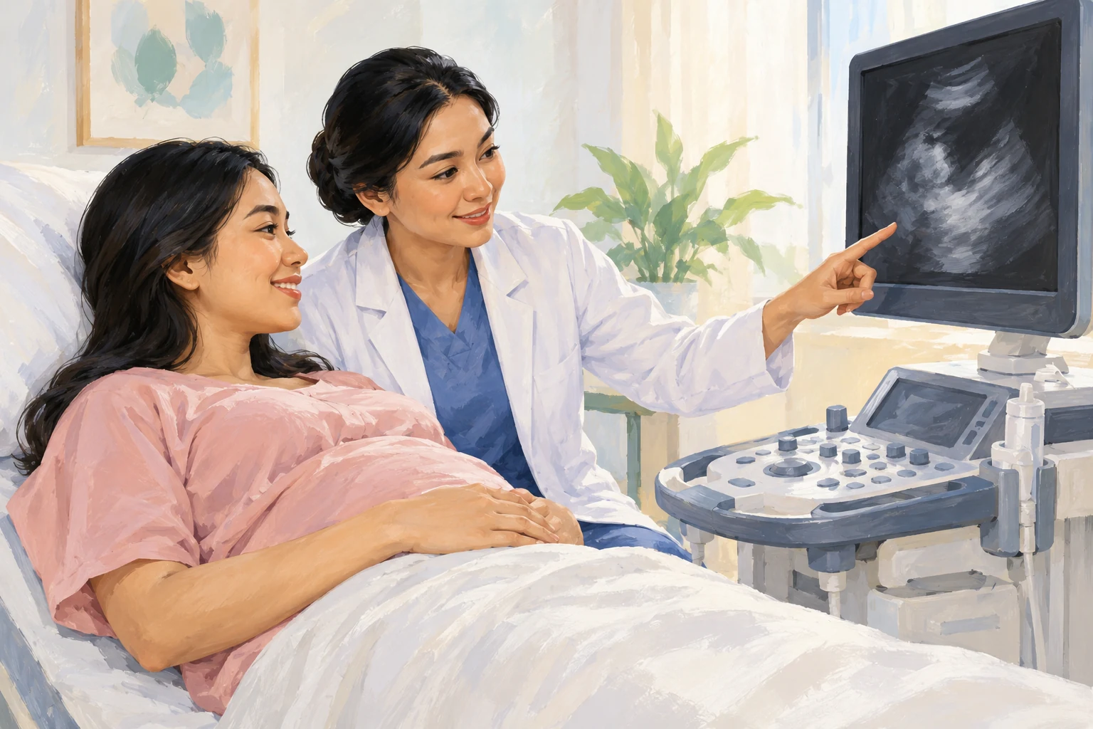 Ilustrasi dokter menjelaskan pemeriksaan kehamilan kepada pasien