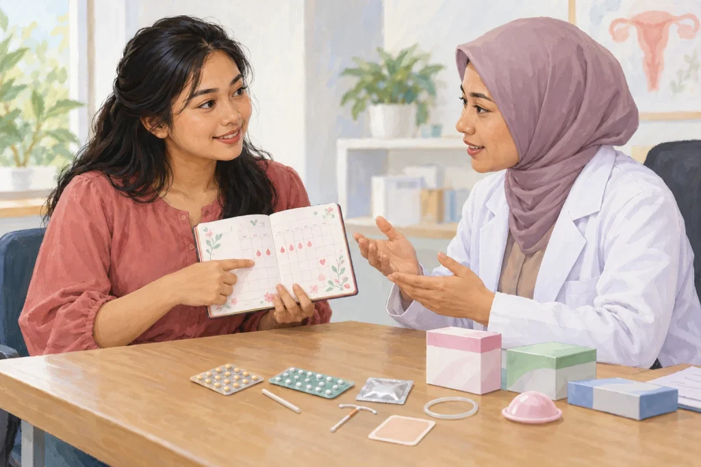 Ilustrasi pembahasan pilihan kontrasepsi dan catatan menstruasi