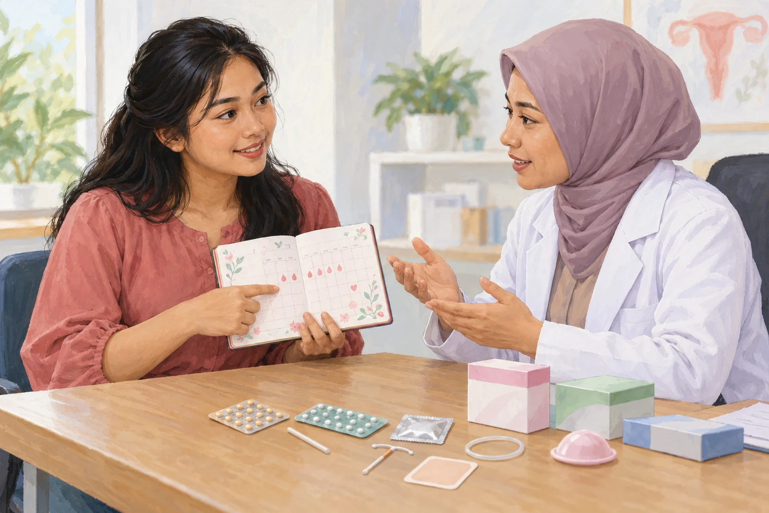 Ilustrasi pembahasan pilihan kontrasepsi dan catatan menstruasi