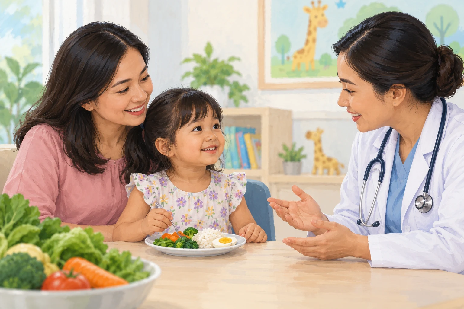 Ilustrasi orang tua membahas pola makan anak bersama dokter