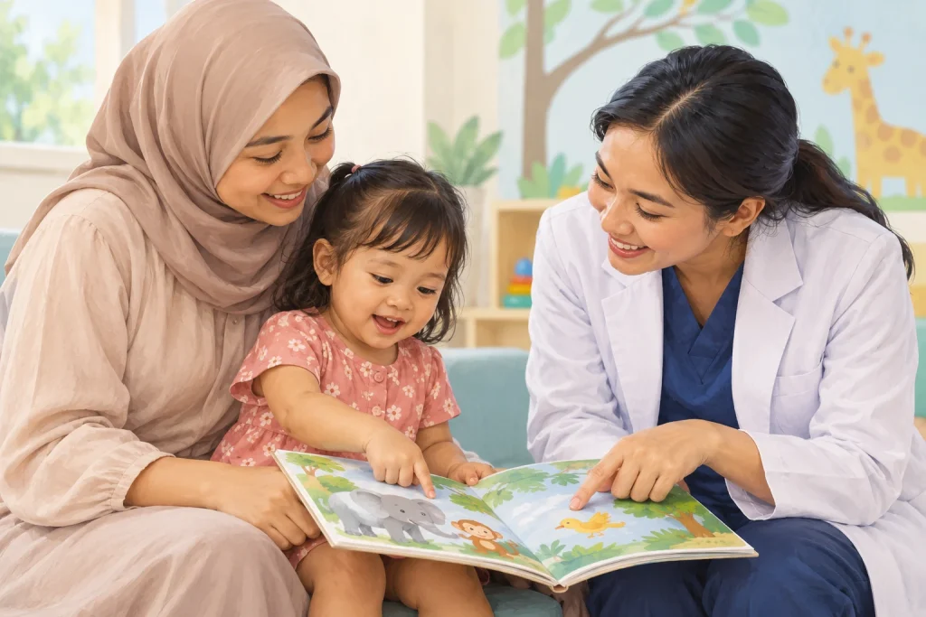 Ilustrasi orang tua, anak, dan dokter menggunakan buku bergambar