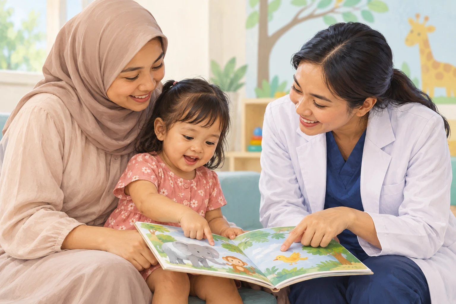Ilustrasi orang tua, anak, dan dokter menggunakan buku bergambar