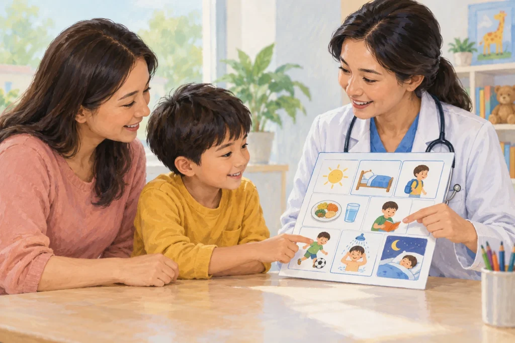 Ilustrasi konsultasi rutinitas BAB anak bersama dokter