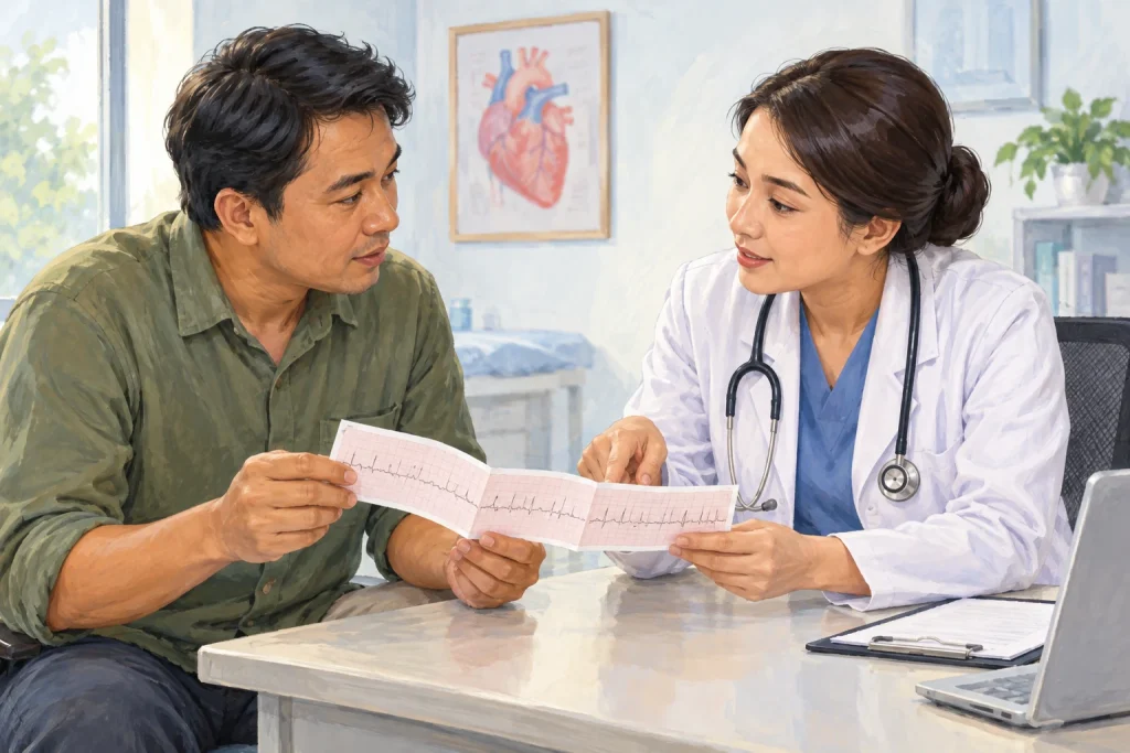 Ilustrasi dokter membahas lembar rekaman EKG bersama pasien