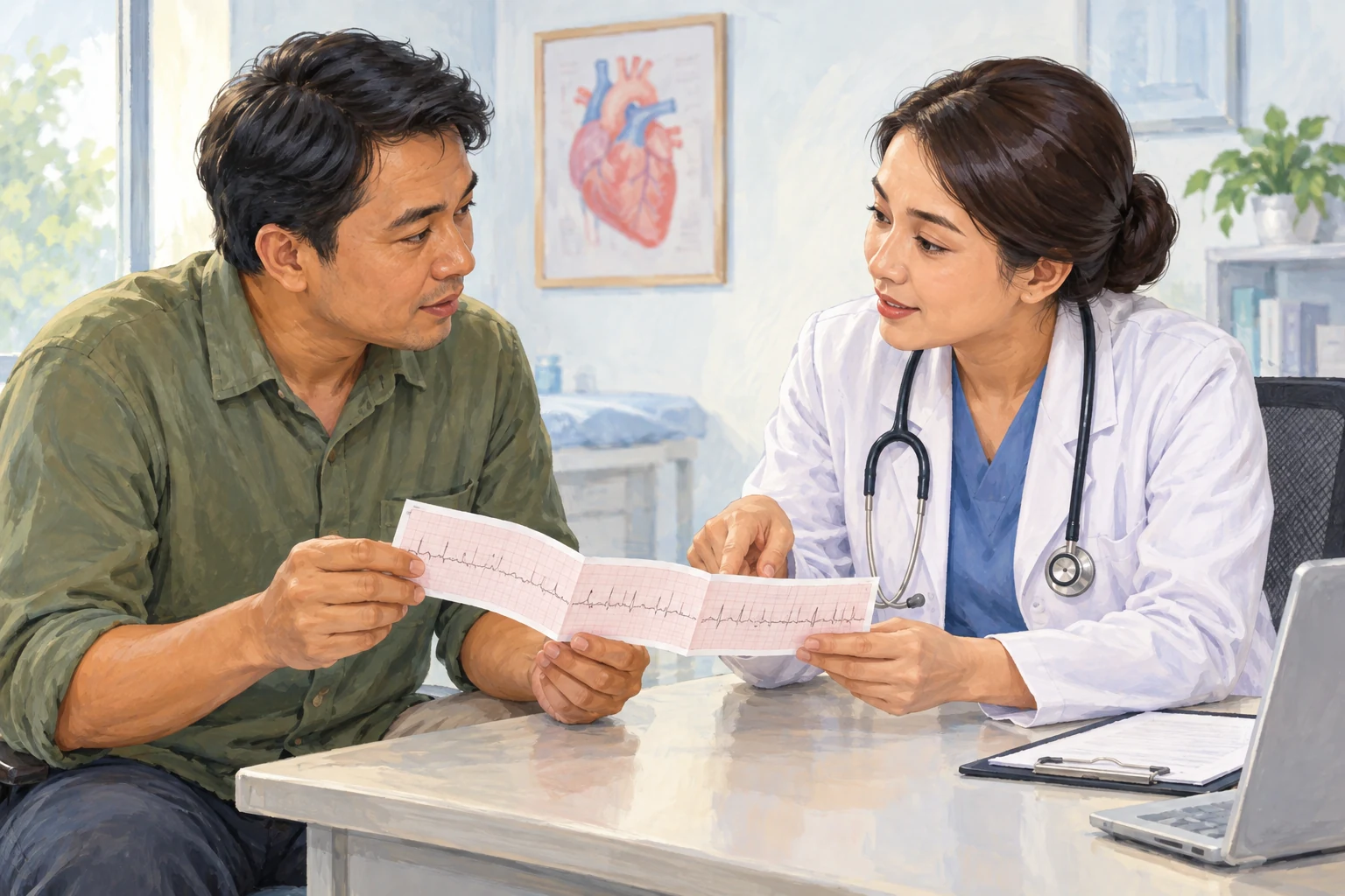 Ilustrasi dokter membahas lembar rekaman EKG bersama pasien