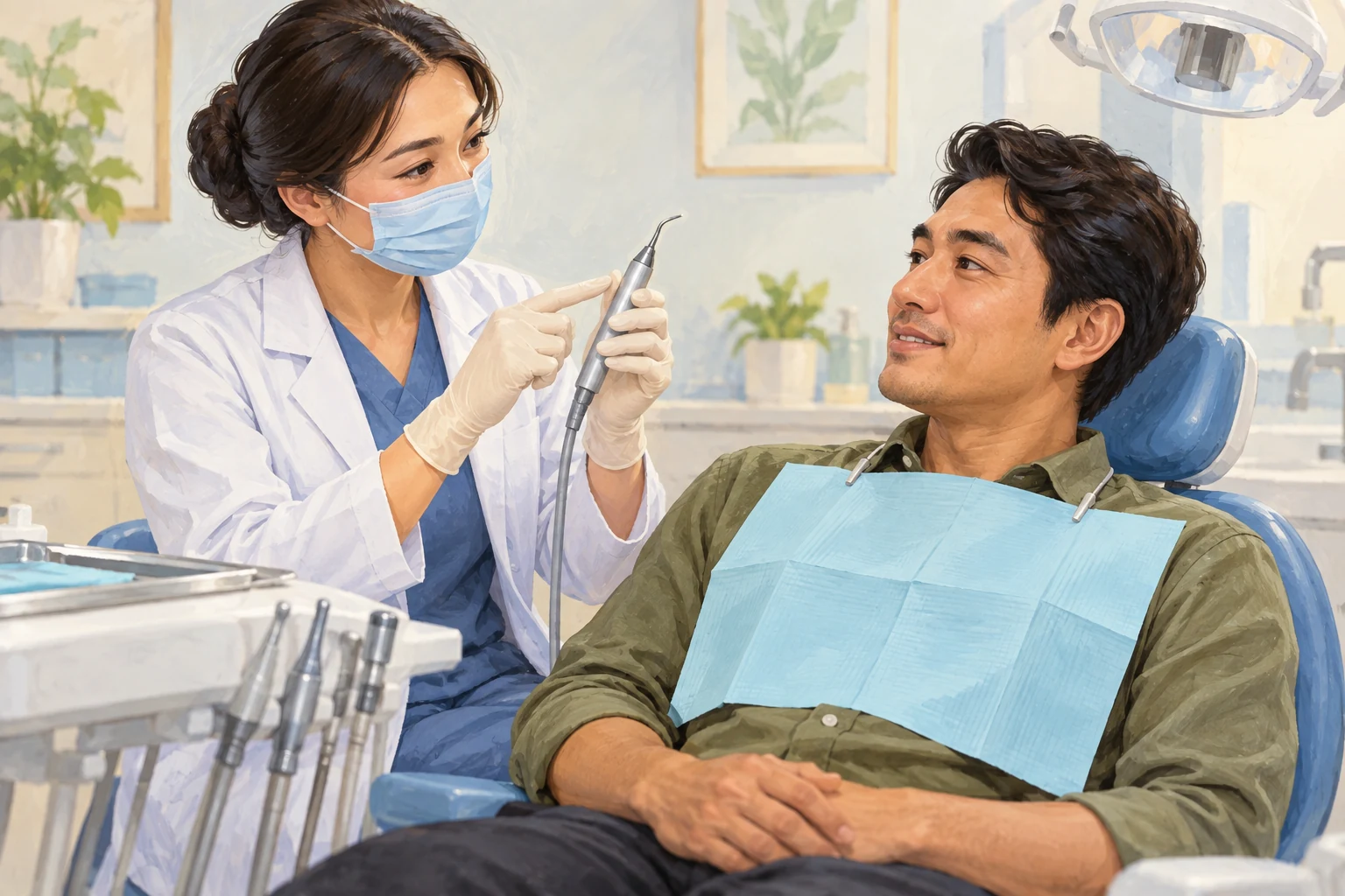 Ilustrasi dokter gigi menjelaskan alat pembersihan sebelum tindakan