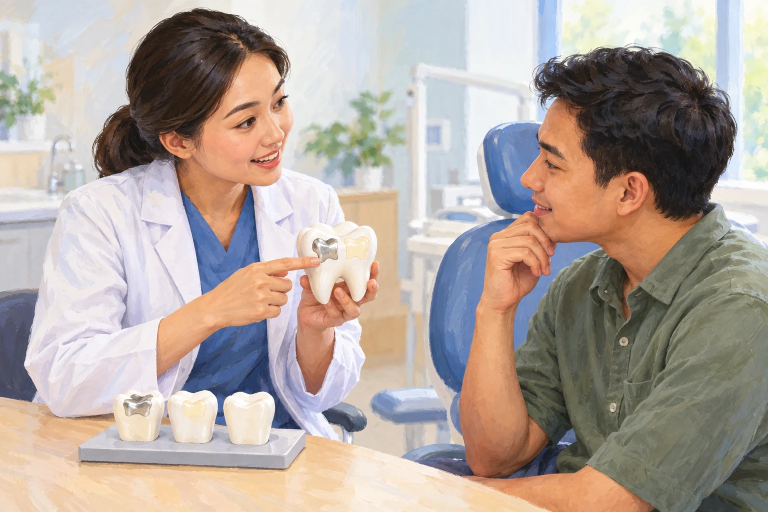 Ilustrasi dokter gigi menjelaskan bahan tambalan dengan model gigi