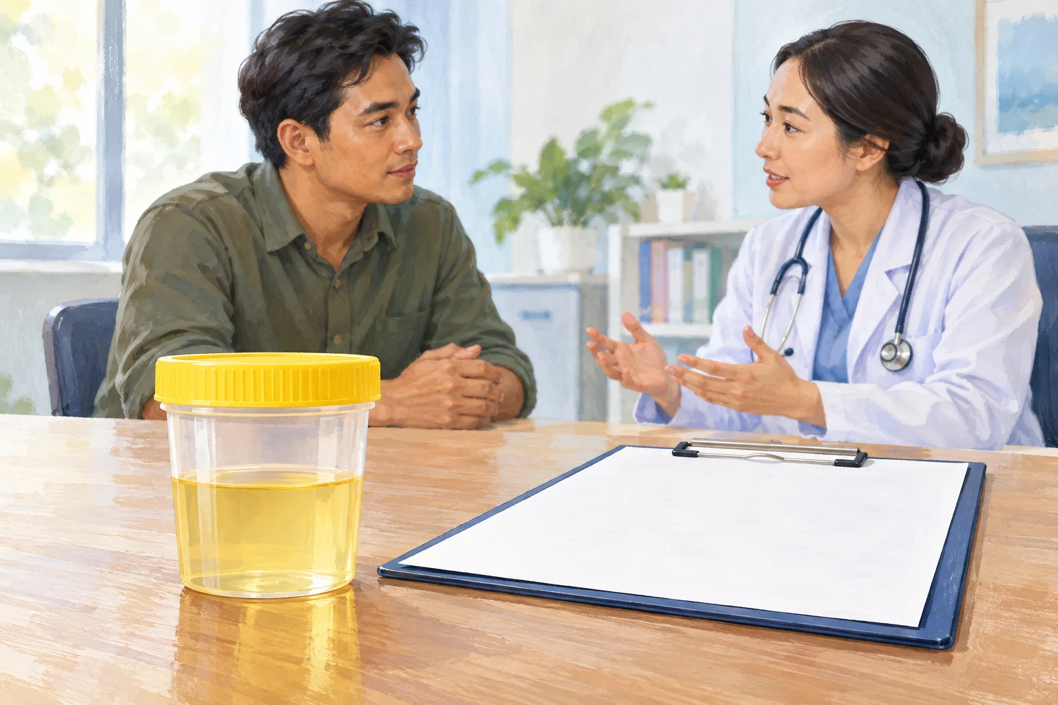 Ilustrasi dokter membahas laporan pemeriksaan urine