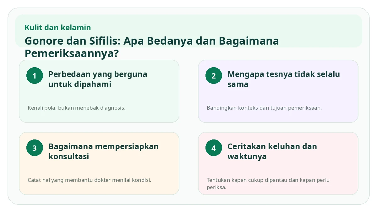 Ringkasan visual Gonore dan Sifilis: Apa Bedanya dan Bagaimana Pemeriksaannya?